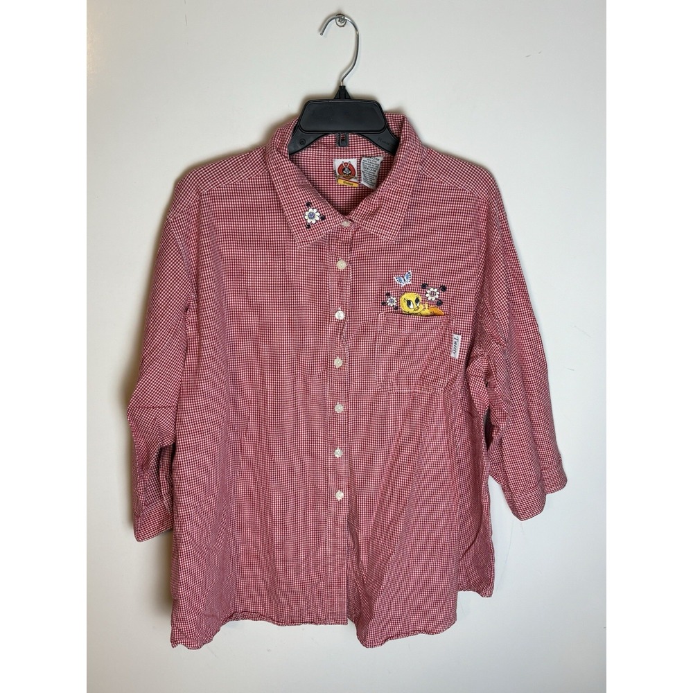 Women's Looney Tunes Red/White Check Button Up‎ Shirt Sz 22W/24W Tweety